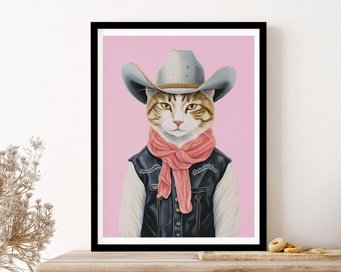 Cowboy Cat Portrait Ginger Cat Western Hat Pink Quirky Pet Decor Poster