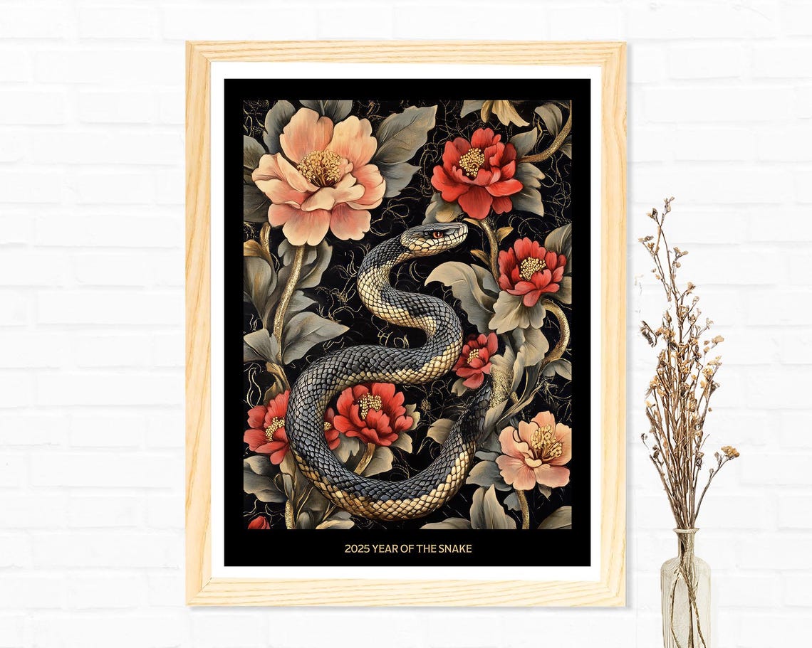 2025 Year of the Snake Dark Snake Peony Flowers Black Poster - Image 2