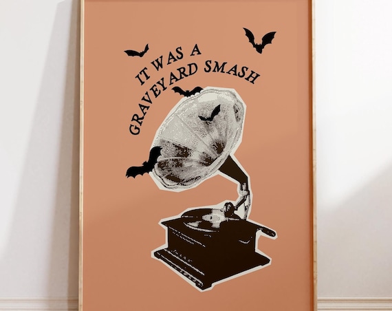 Retro Graveyard Smash Gramophone Spooky Halloween Decor Poster