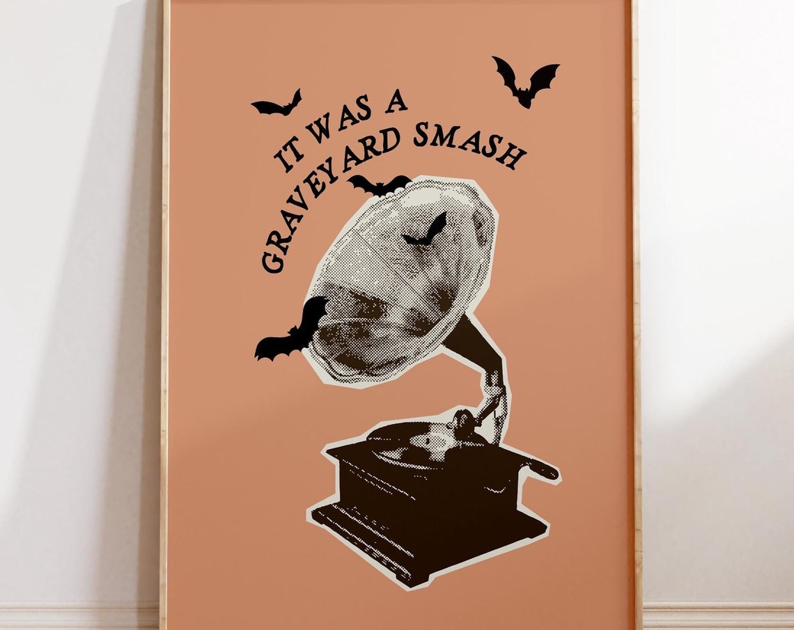 Retro Graveyard Smash Gramophone Spooky Halloween Decor Poster