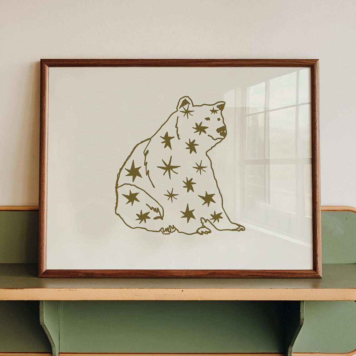 Starry Bear Constellation Line Drawing Olive Green Nursery Art Poster