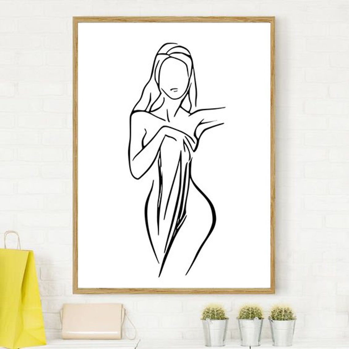 Minimalist Woman In Towel Line Drawing Modern Bathroom Art Poster - Image 3