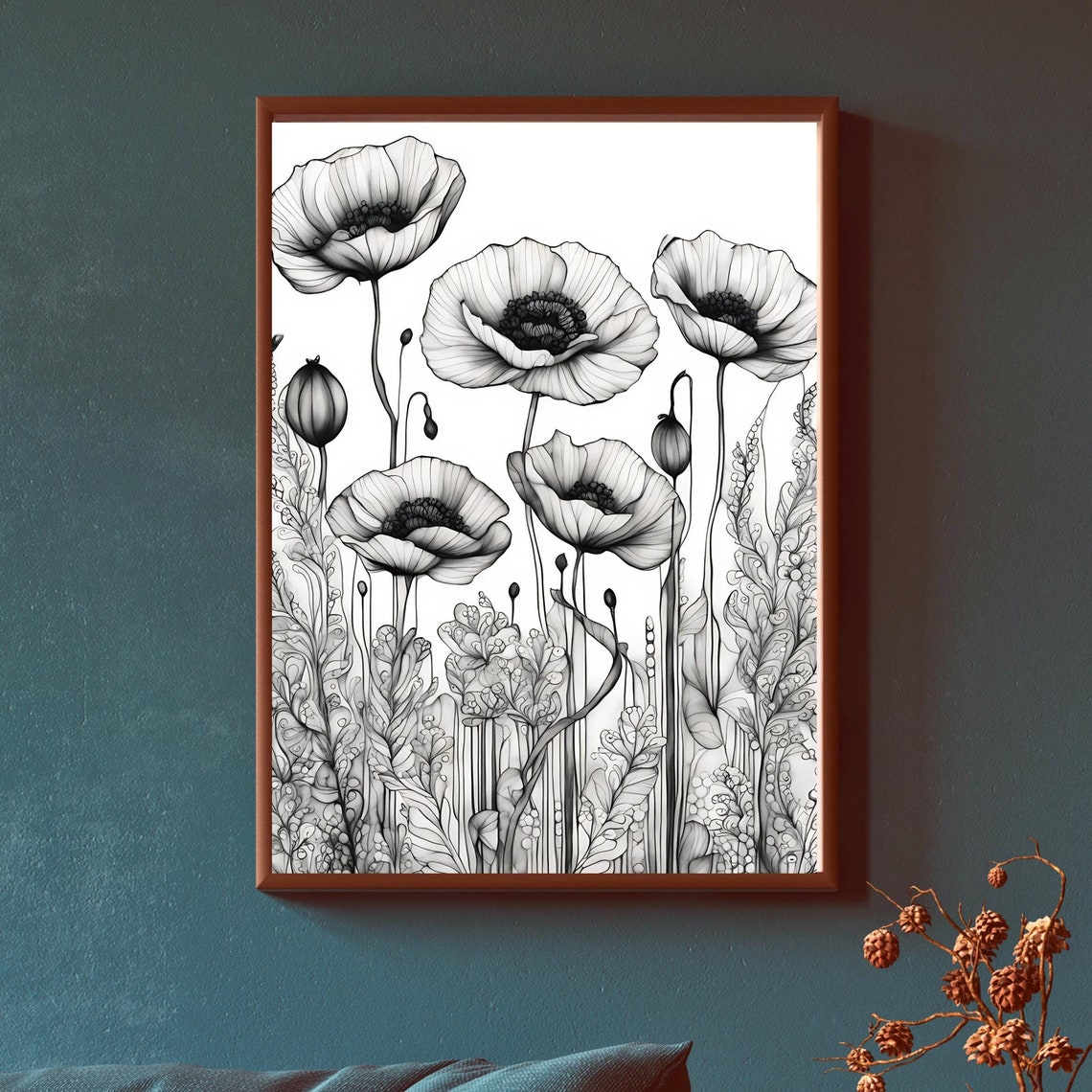 Black and White Poppy Flowers Botanical Line Illustration Poster