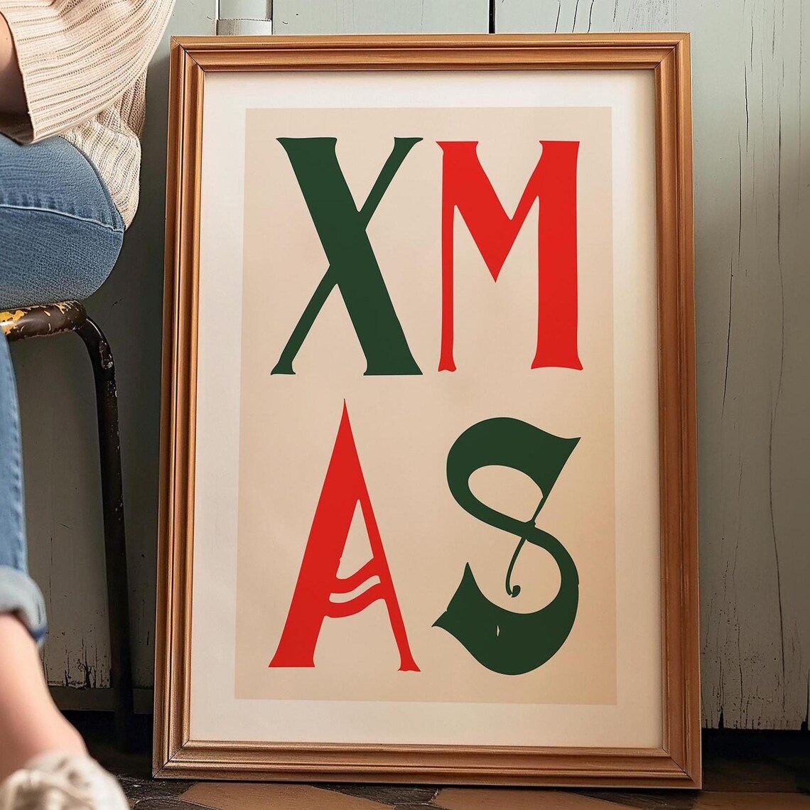 XMAS Green and Red Block Letter Vintage Christmas Typography Poster