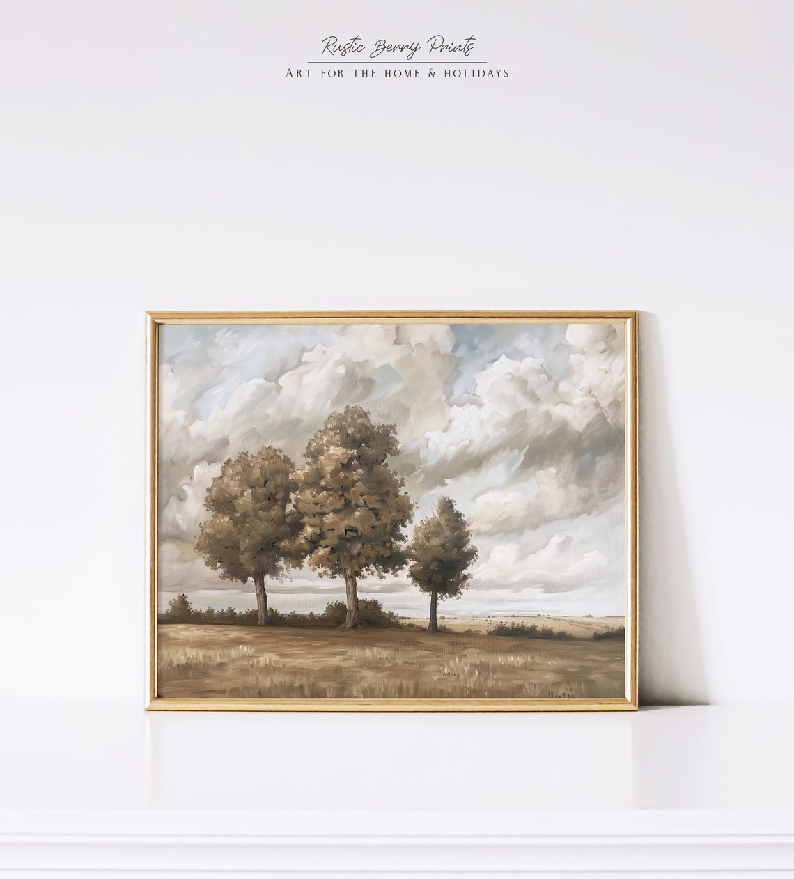 Three Trees In Golden Field Dramatic Cloudy Sky Sepia Landscape Poster
