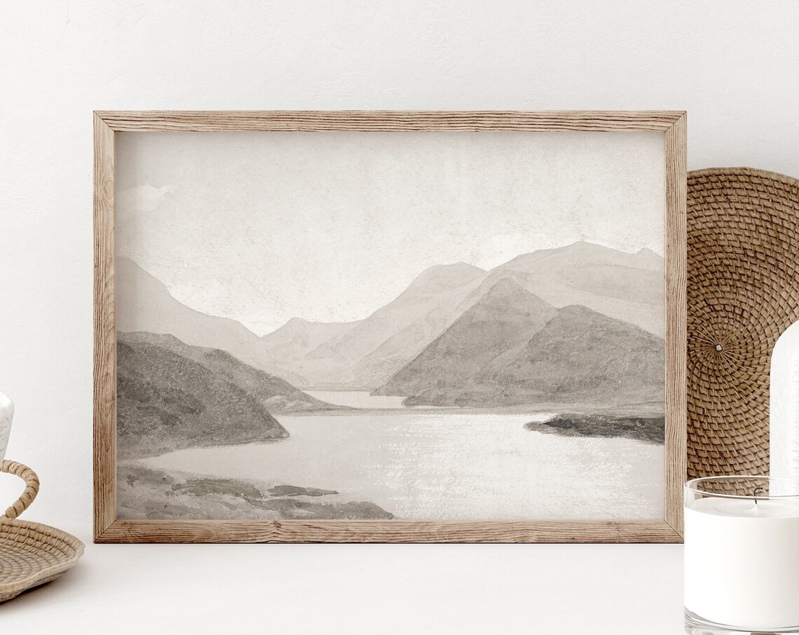 Soft Beige Mountain Lake Watercolor Minimalist Neutral Landscape Print - Image 4