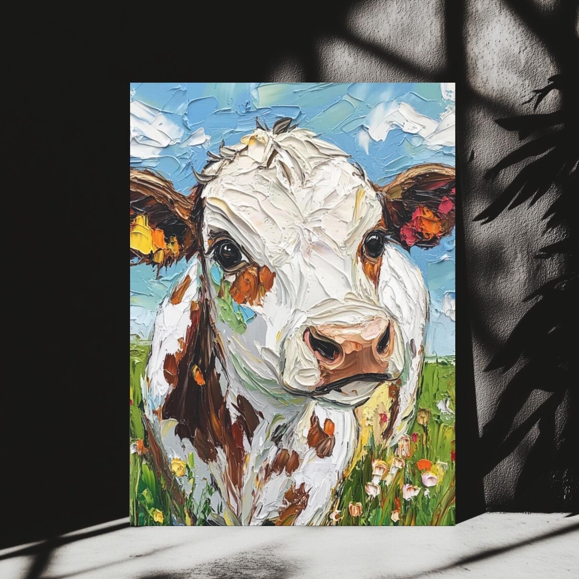 Cute Cow Face Textured Impasto Oil Painting Meadow Farm Art Poster