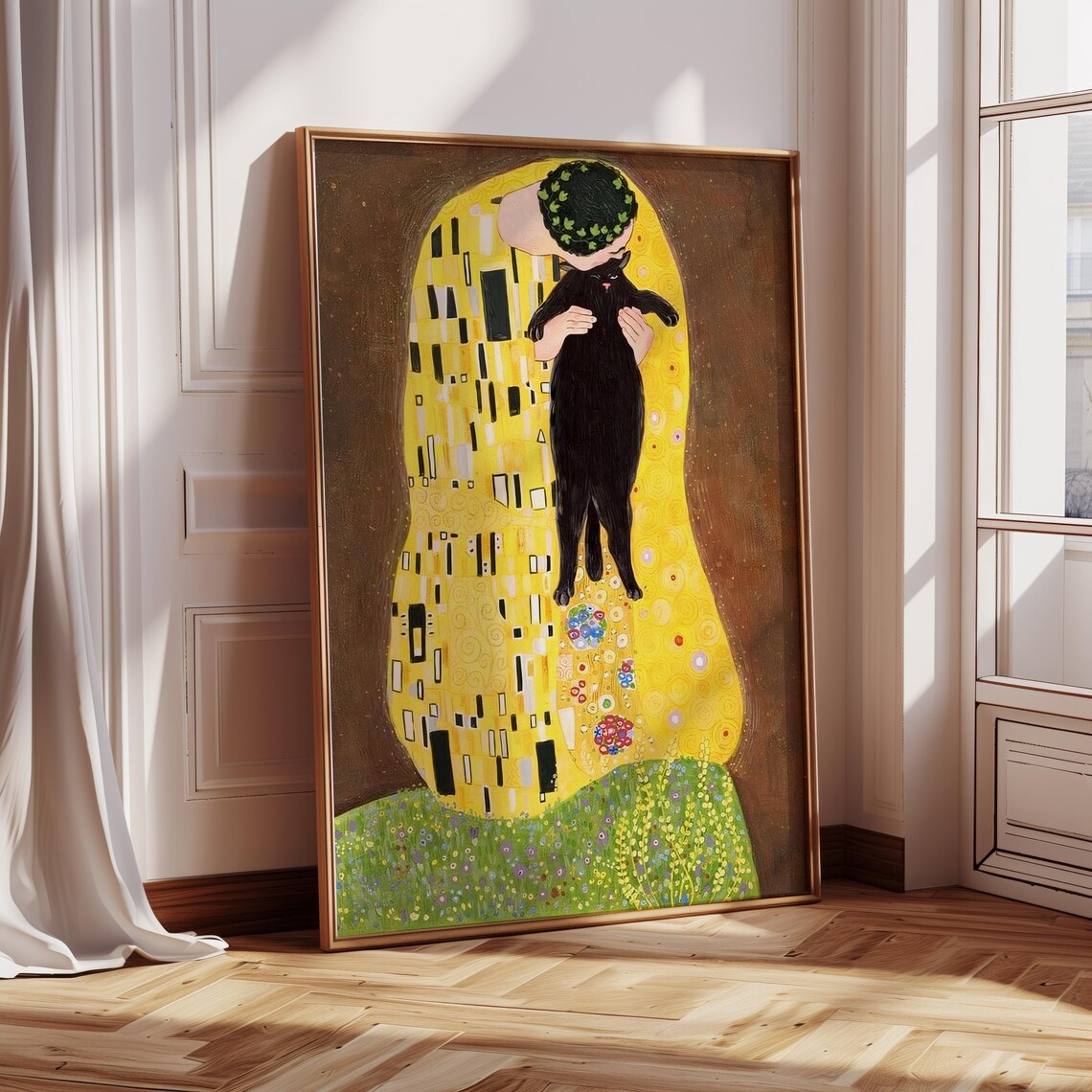 Klimt The Kiss Black Cat Parody Gold Leaf Art Nouveau Poster
