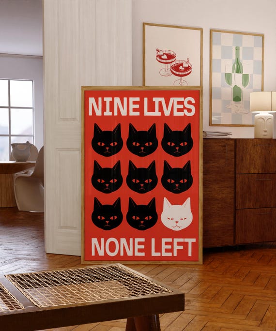 Nine Lives None Left Cat Poster Edgy Minimalist Wall Decor Gothic Art Print Contemporary Retro