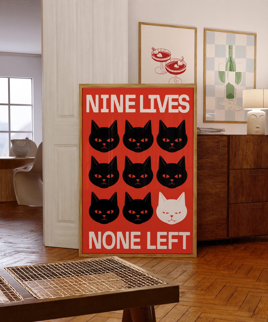 Nine Lives None Left Black Cat Faces Bold Red Typographic Poster