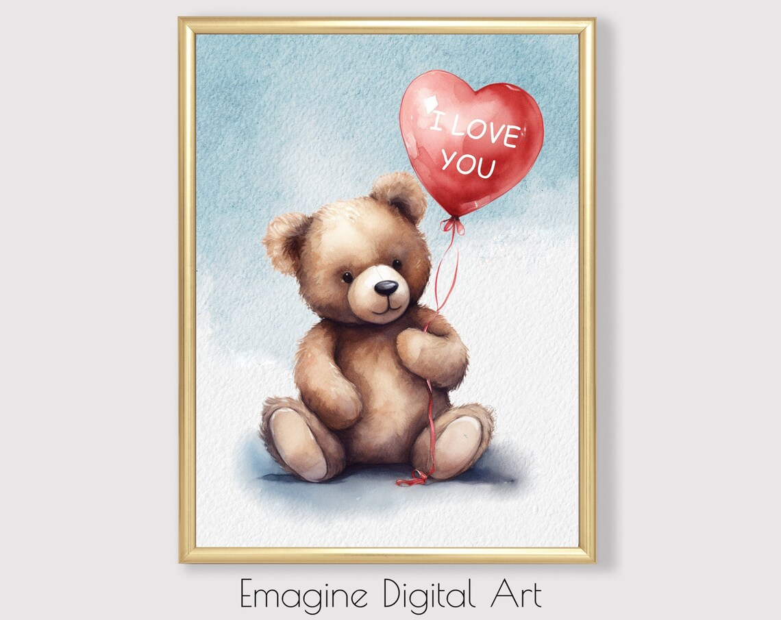 Teddy Bear Holding Red Heart Balloon I Love You Nursery Poster