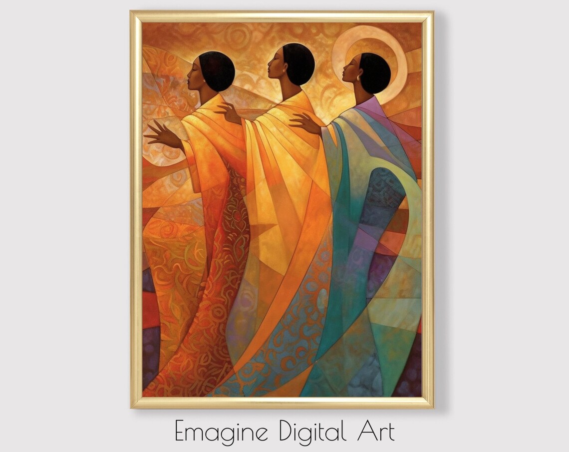 Three Spiritual Sisters African Golden Robes Unity Painting Wall Art
