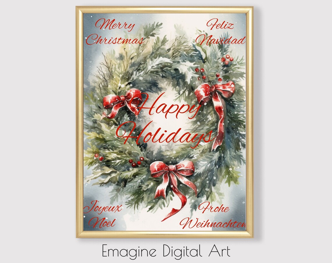 Multilingual Christmas Wreath Happy Holidays Watercolor Art Poster
