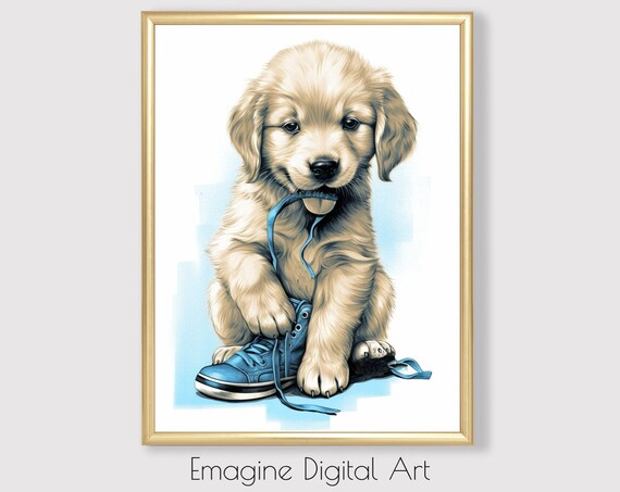 Golden Retriever Puppy Chewing Blue Shoe Cute Kids Room Art Poster