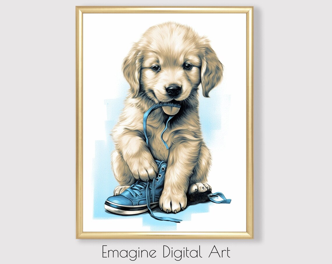 Golden Retriever Puppy Chewing Blue Shoe Cute Kids Room Art Poster