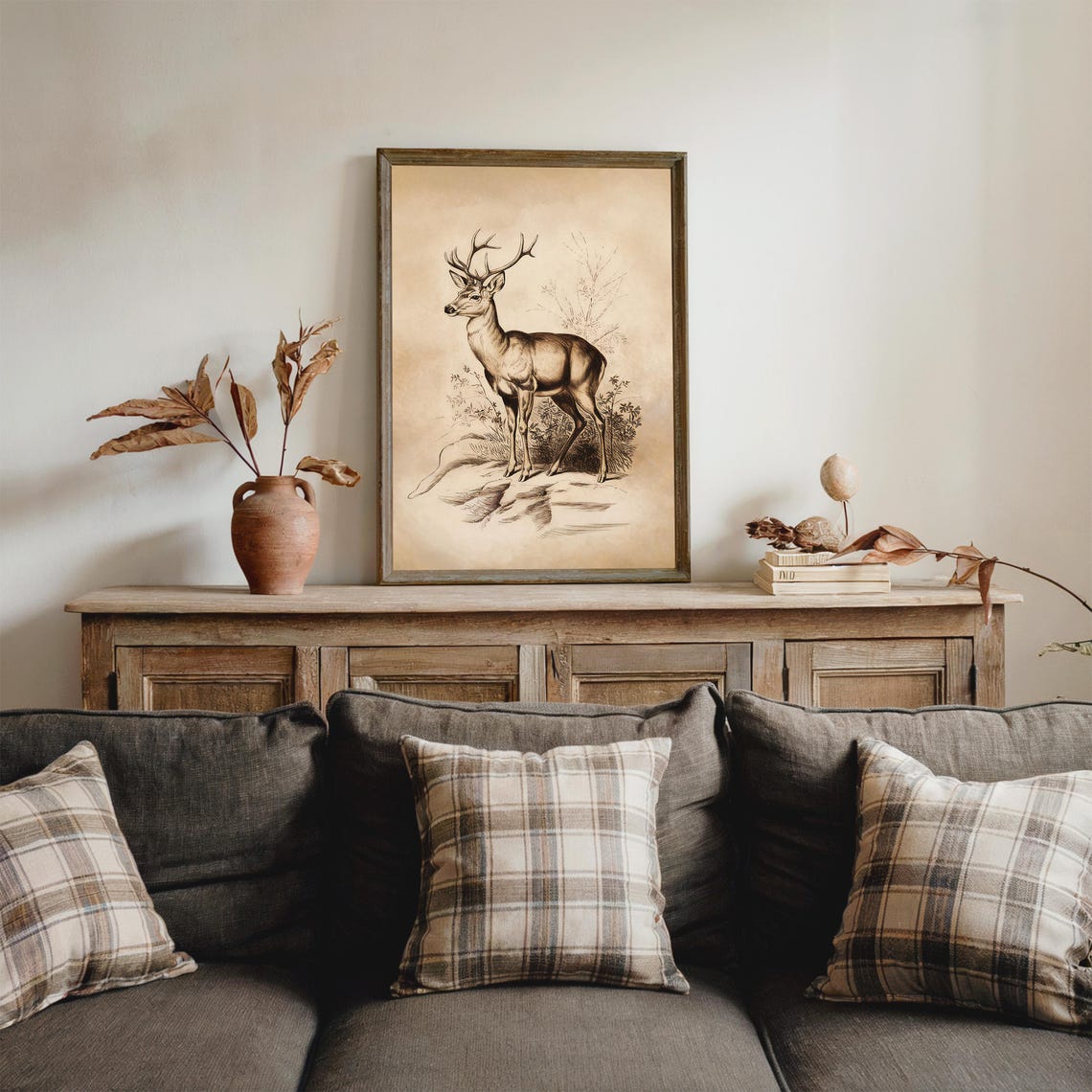Vintage Stag Deer Antlers Sepia Illustration Antique Wildlife Poster - Image 2