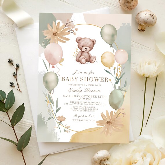 Sweet Teddy Bear Baby Shower Invitation Balloons Floral Print Set