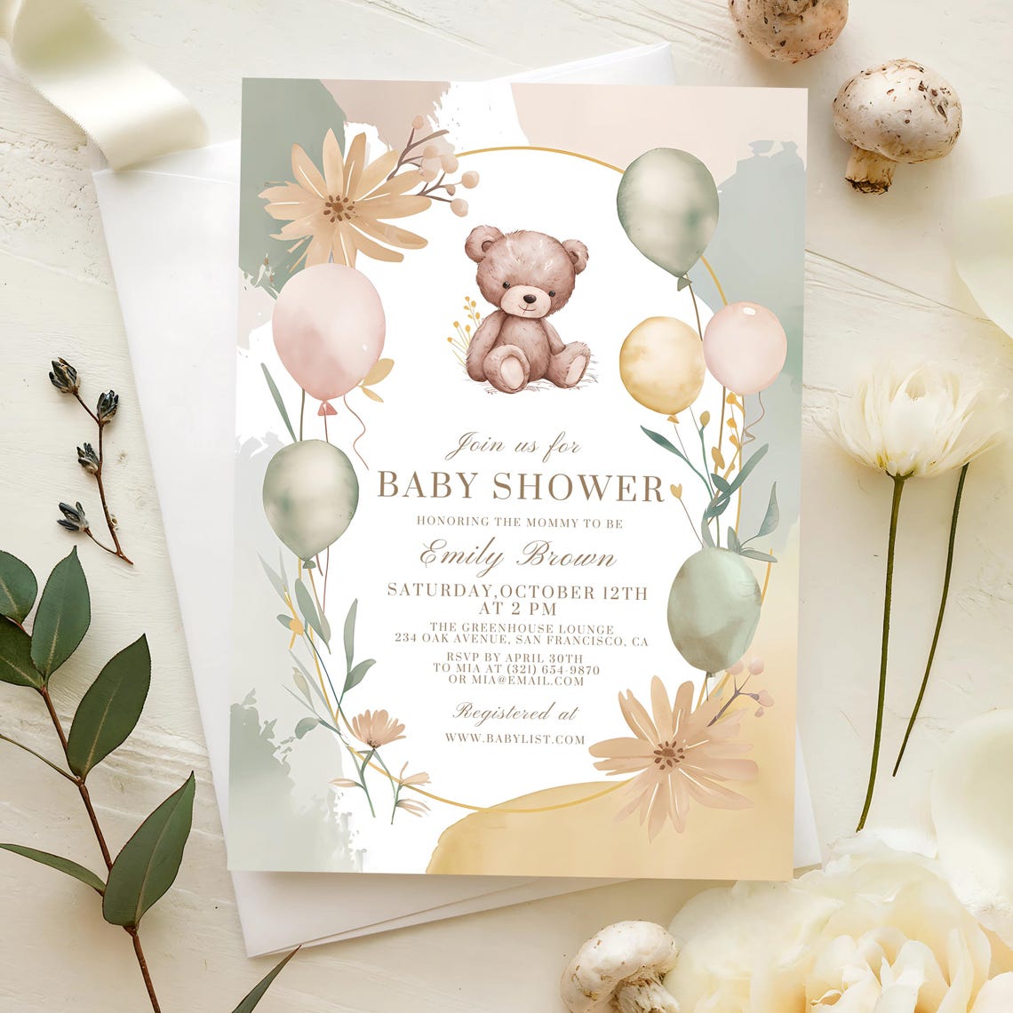 Sweet Teddy Bear Baby Shower Invitation Balloons Floral Print Set