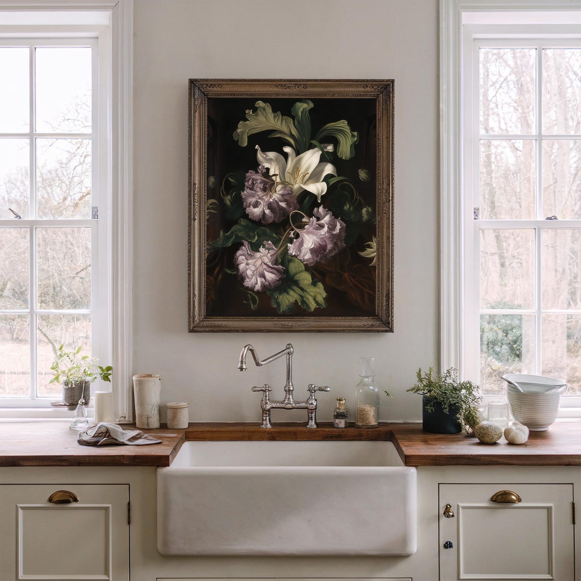White Lily Purple Iris Dark Botanical Vintage Floral Art Poster - Image 4