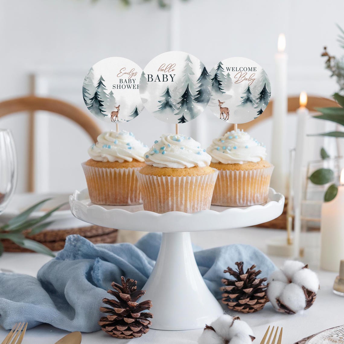 Snowy Winter Deer Baby Shower Cupcake Toppers Hello Baby Print Set