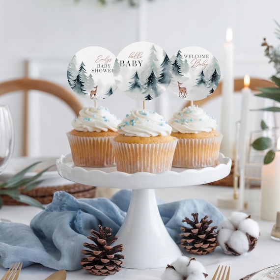 Snowy Winter Deer Baby Shower Cupcake Toppers Hello Baby Print Set