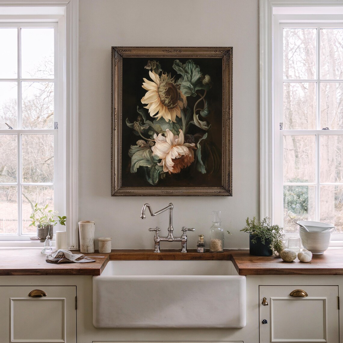 Cream Sunflower White Dahlia Dark Botanical Vintage Flower Poster - Image 4