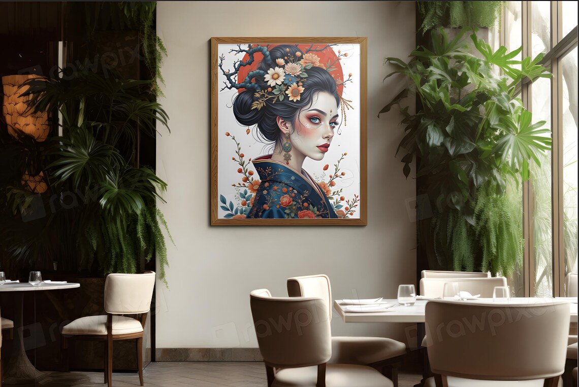 Elegant Geisha Portrait Floral Kimono Red Sun Japanese Art Poster
