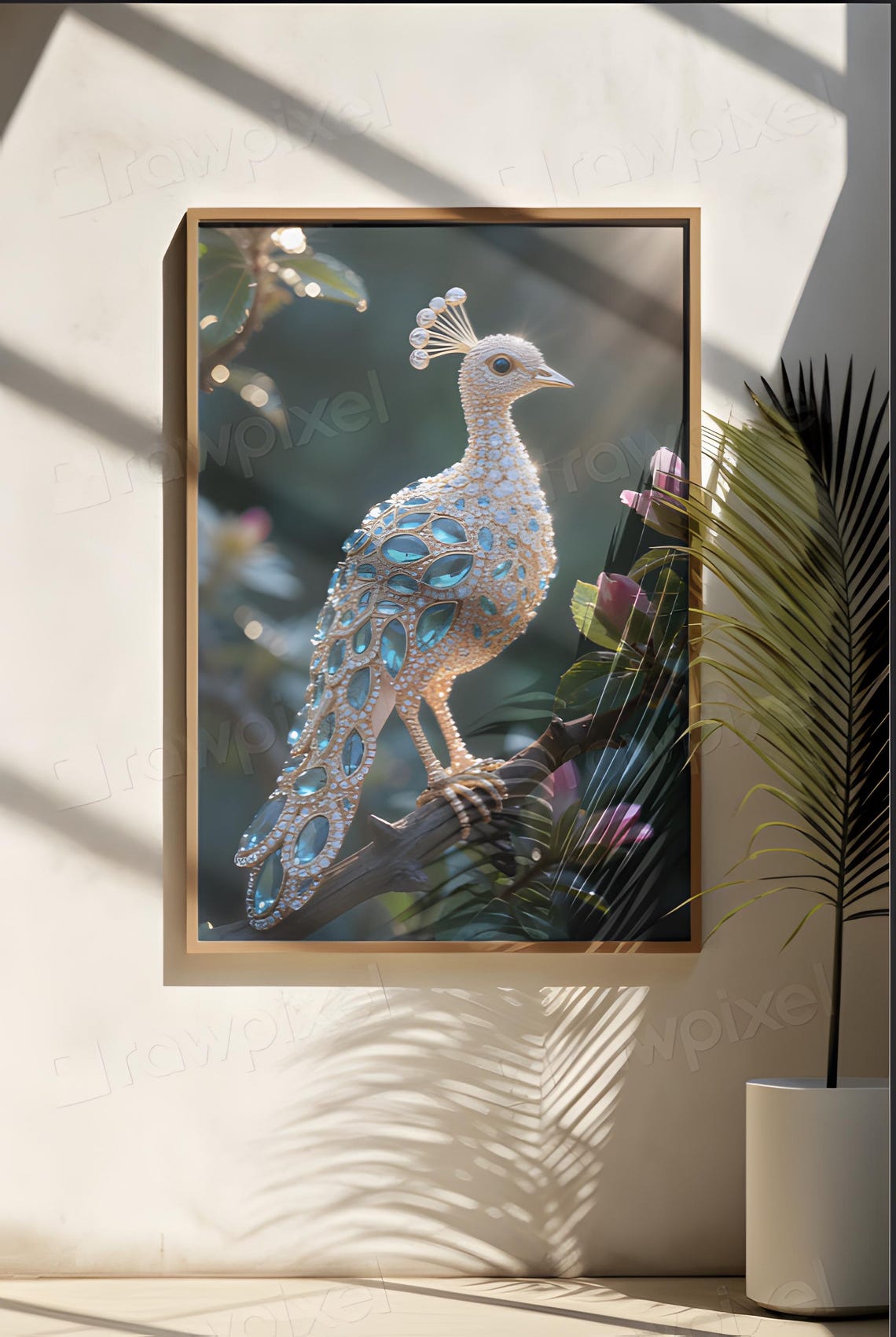 Jeweled Peacock Made of Blue Gemstones Perched on Branch Poster
