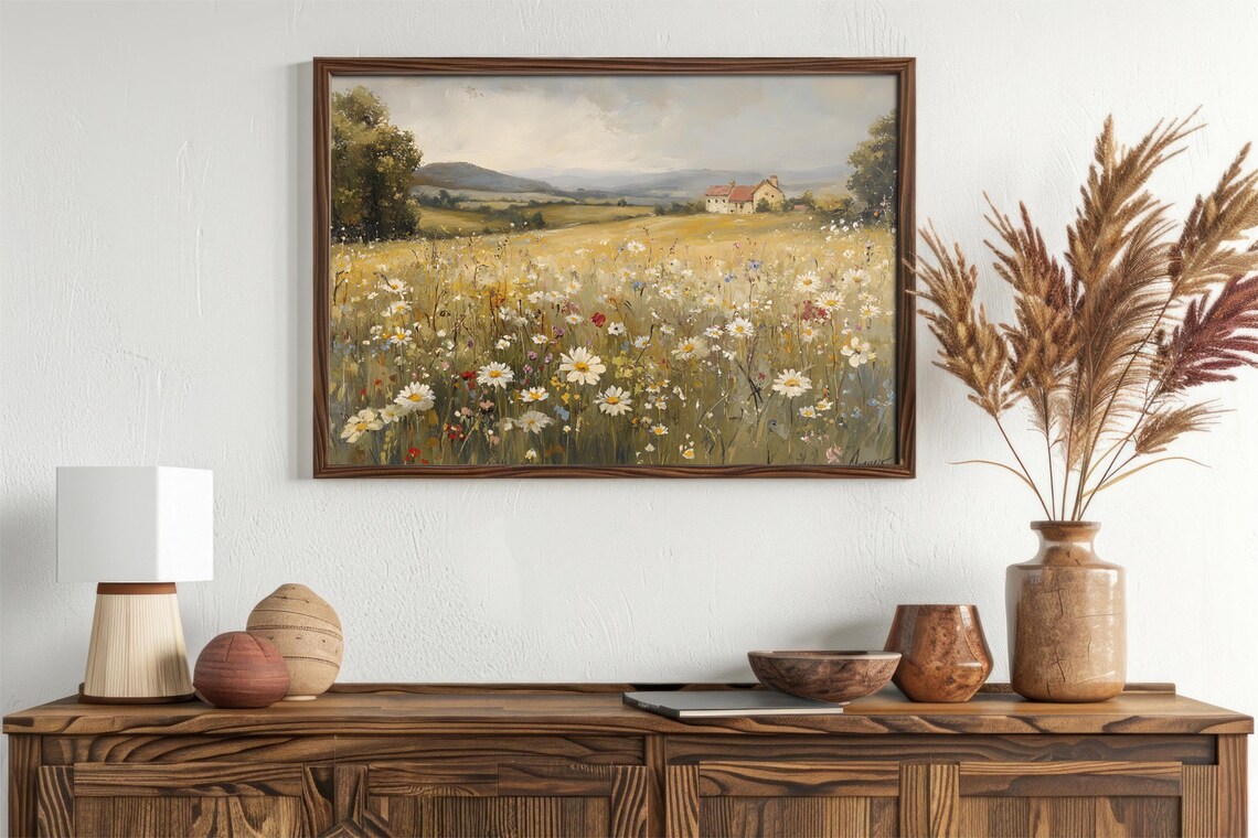 Vintage Summer Wildflowers Landscape, Farmhouse Decor