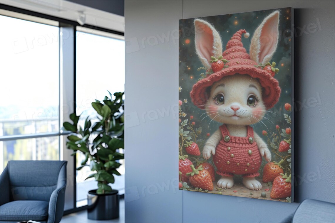 Sweet Wide-Eyed Bunny in Strawberry Outfit Under Starry Night Poster - Image 3