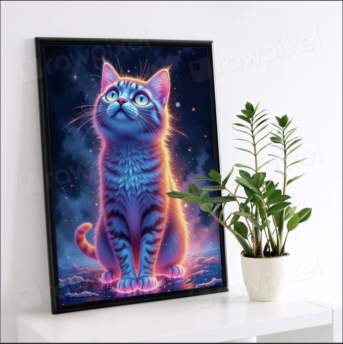 Glowing Neon Blue Kitten Gazing at a Starry Night Sky Poster