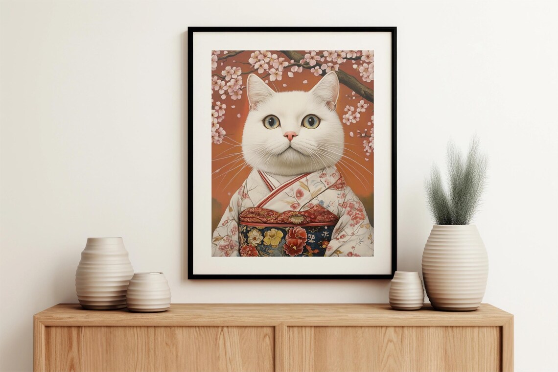 Cat In Kimono Blossoms, Spring Feline Art Print - Image 4