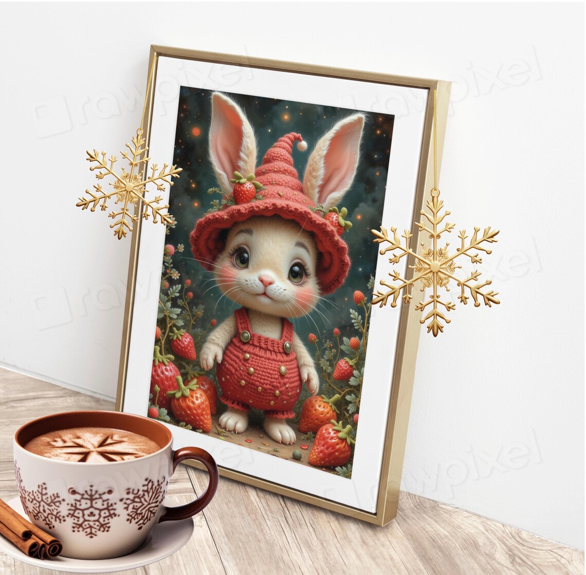 Sweet Wide-Eyed Bunny in Strawberry Outfit Under Starry Night Poster - Image 5