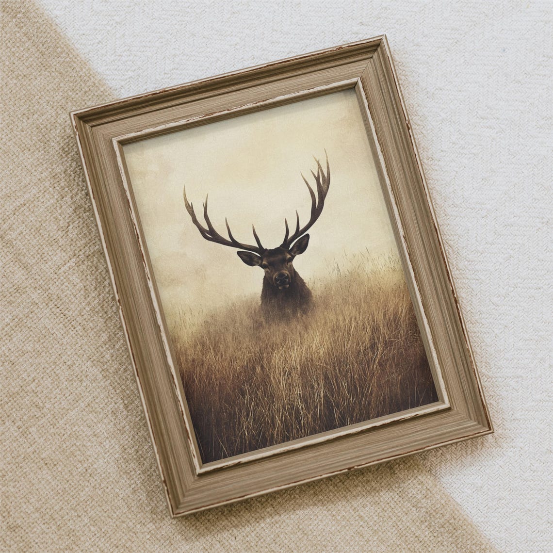 Vintage Deer Art Print, Rustic Winter Landscape