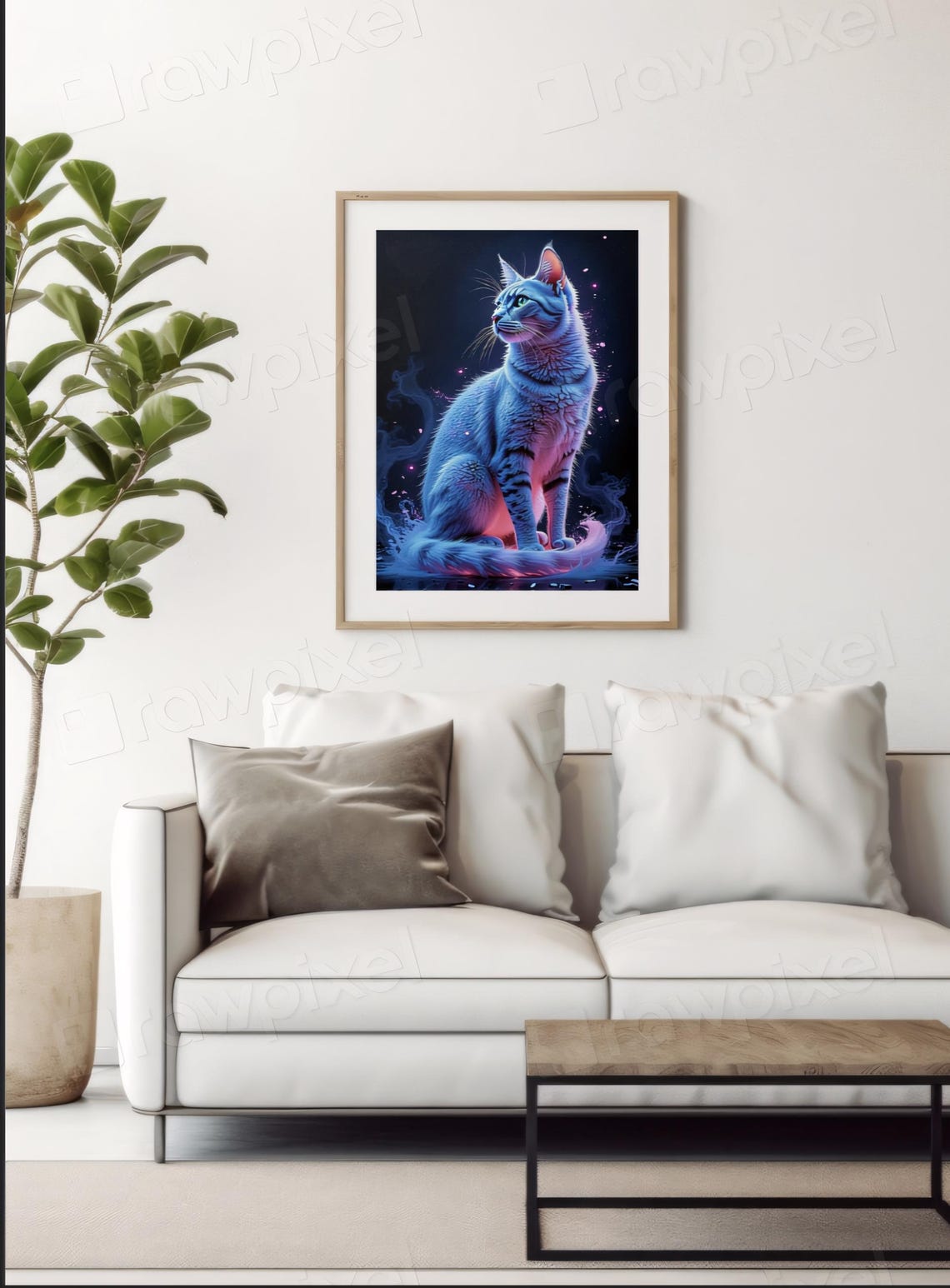 White Cat Sitting on Shimmering Water Under Neon Glow Poster - Image 3