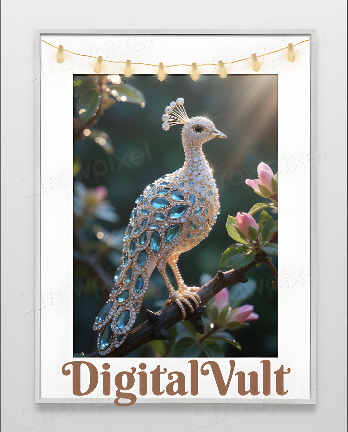 Jeweled Peacock Made of Blue Gemstones Perched on Branch Poster - Image 6