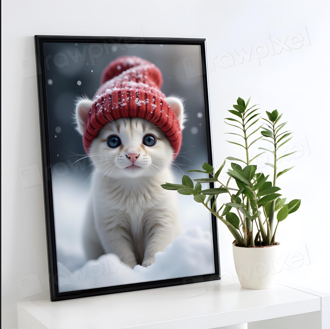Cute White Kitten in Red Knit Beanie Under Winter Snow Poster - Image 4