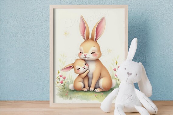 Sweet Mother and Baby Bunny Hugging in a Spring Meadow Poster