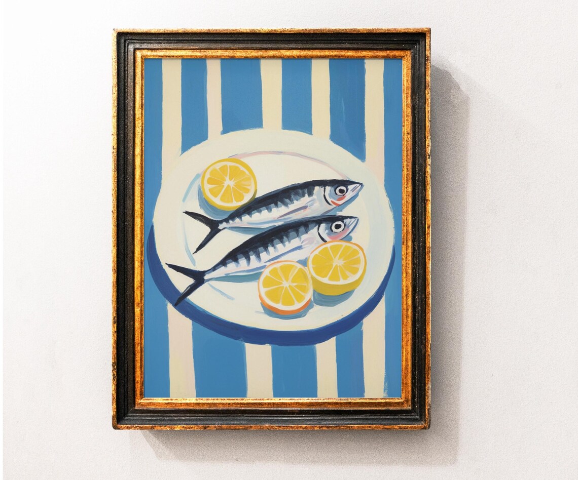 Two Sardines With Lemon Slices Blue Striped Kitchen Still Life Poster