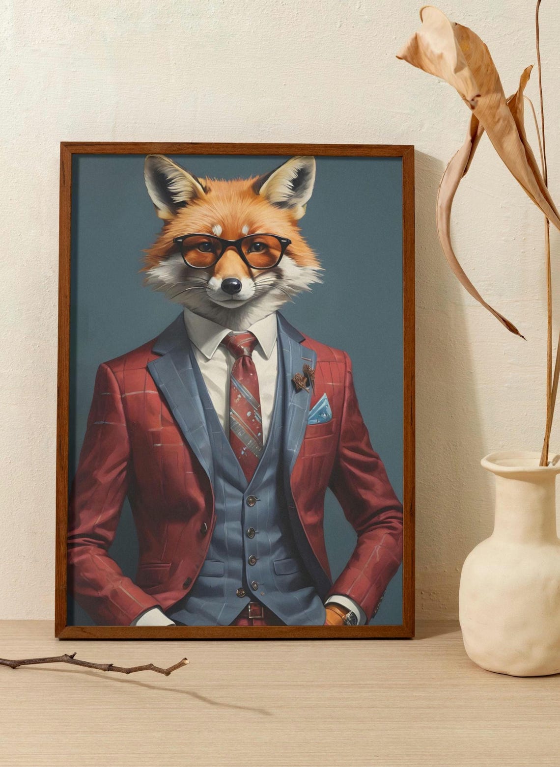 Dapper Red Fox in Burgundy Suit, Vest and Glasses Portrait Poster