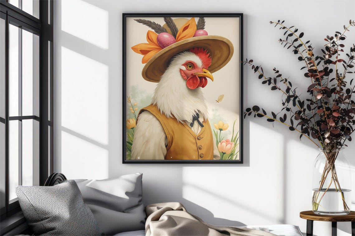 Proud White Rooster in Straw Hat and Mustard Yellow Vest Poster - Image 4