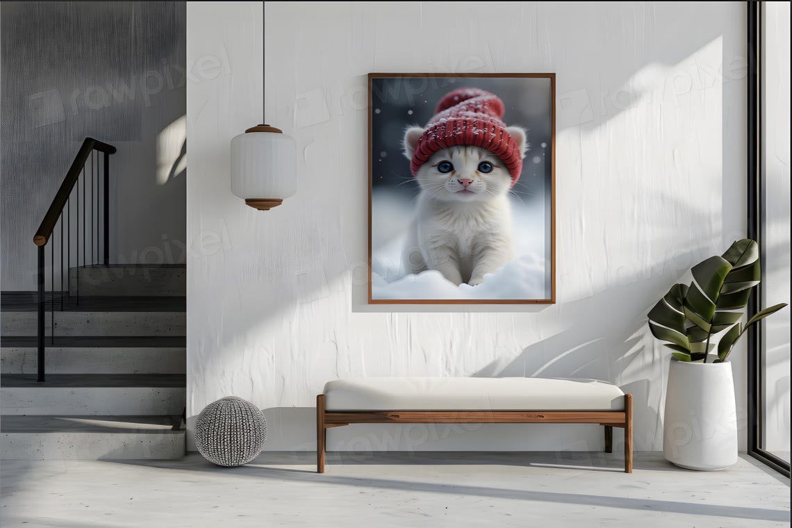 Cute White Kitten in Red Knit Beanie Under Winter Snow Poster - Image 5