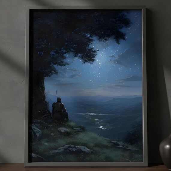 Dark Fantasy Knight Painting Medieval Starry Night Art