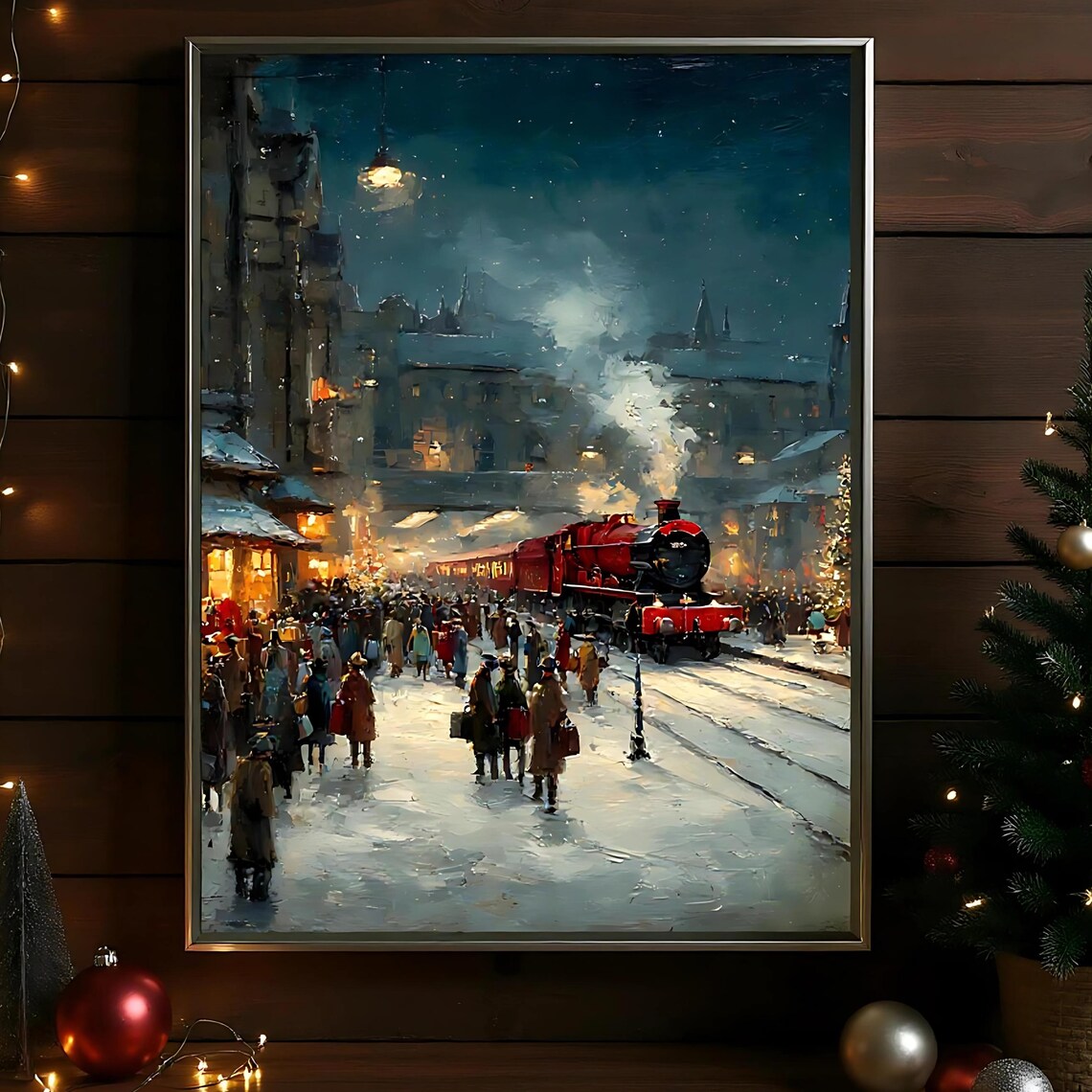 Red Steam Train at Snowy Night Station Winter Oil Painting Poster