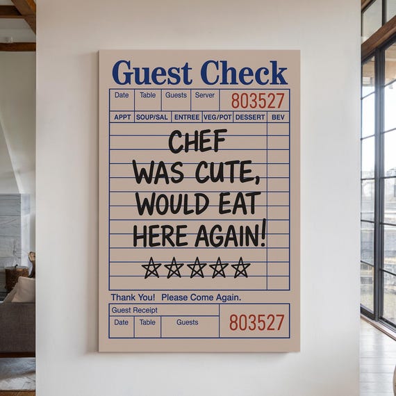 Funny Guest Check Art Print Chef Was Cute Restaurant Receipt Poster Quirky Diner Inspired Kitchen Wall Decor With 5 Star Humor