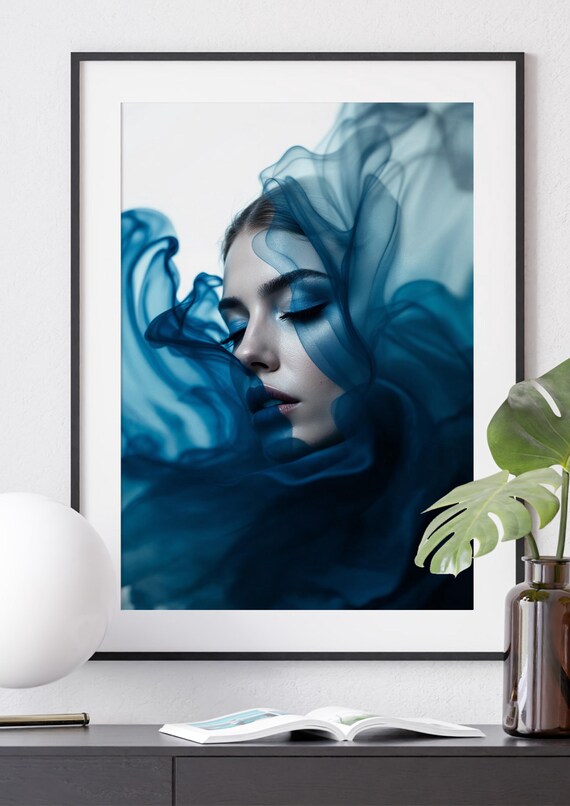 Woman Veiled in Flowing Blue Smoke Dramatic Profile Wall Poster