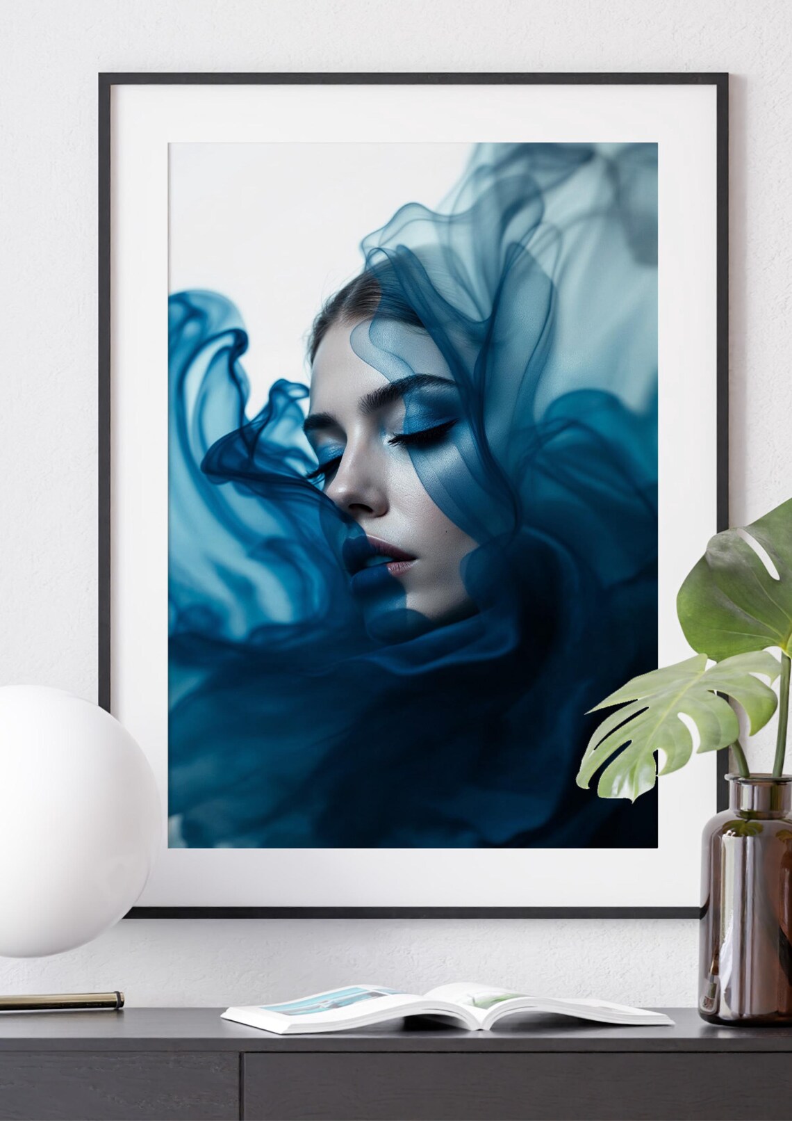 Woman Veiled in Flowing Blue Smoke Dramatic Profile Wall Poster