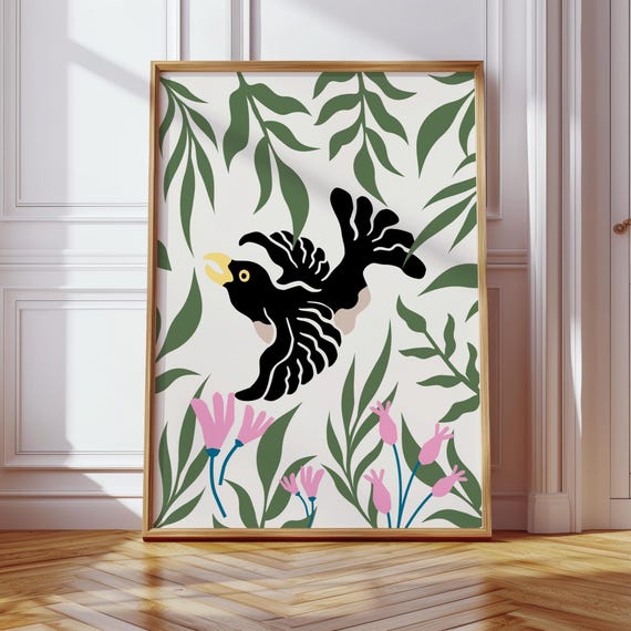 Tropical Bird Wall Art Print Black Poster With Jungle Leaves And Pink Flowers Botanical Animal Illustration For Home Decor
