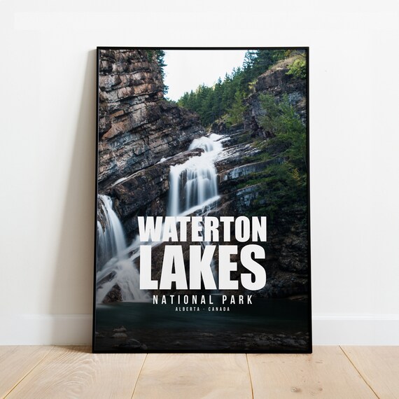Waterton Lakes National Park Alberta Canada Waterfall Travel Poster