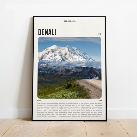 Denali Alaska National Park Snowy Mountain Peak Travel Poster